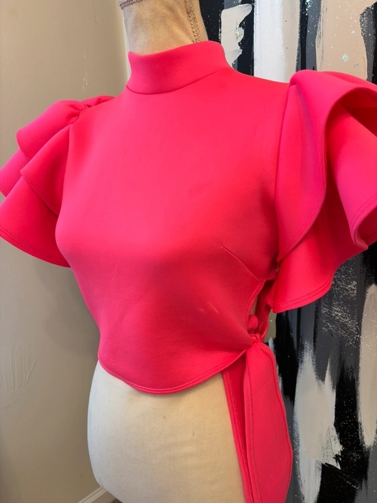 The Unbranded Brand Tops - Ruffle Sleeve Tie-Side Top in Hot Pink